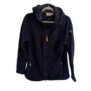 Fjallraven Kaitum Fleece Jacket Large Navy Blue Wool Blend Hooded Hiking Granola